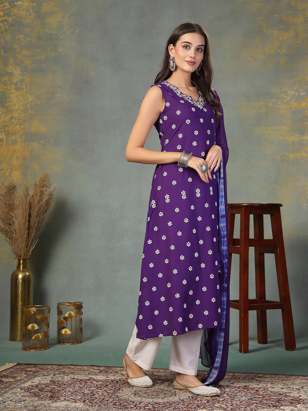 Violet Floral Printed & Embroidered Rayon A-Line Kurta Dupatta Set