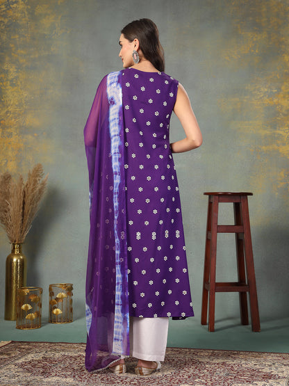 Violet Floral Printed & Embroidered Rayon A-Line Kurta Dupatta Set