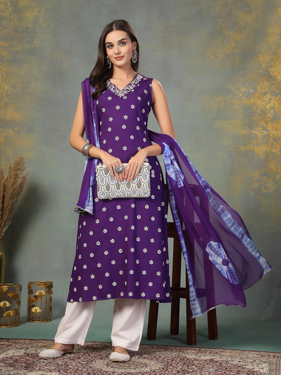 Violet Floral Printed & Embroidered Rayon A-Line Kurta Dupatta Set