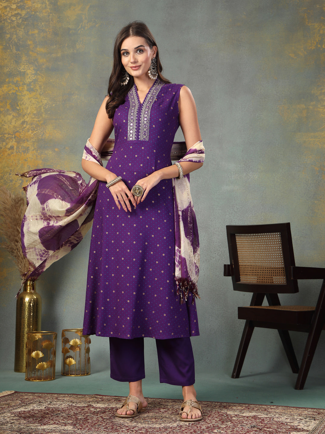 Violet Khari Printed & Embroidered Rayon A-Line Kurta Dupatta Set