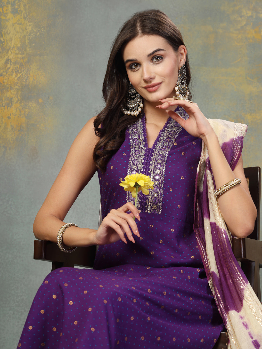 Violet Khari Printed & Embroidered Rayon A-Line Kurta Dupatta Set