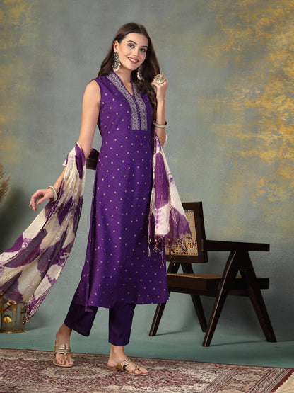 Violet Khari Printed & Embroidered Rayon A-Line Kurta Dupatta Set