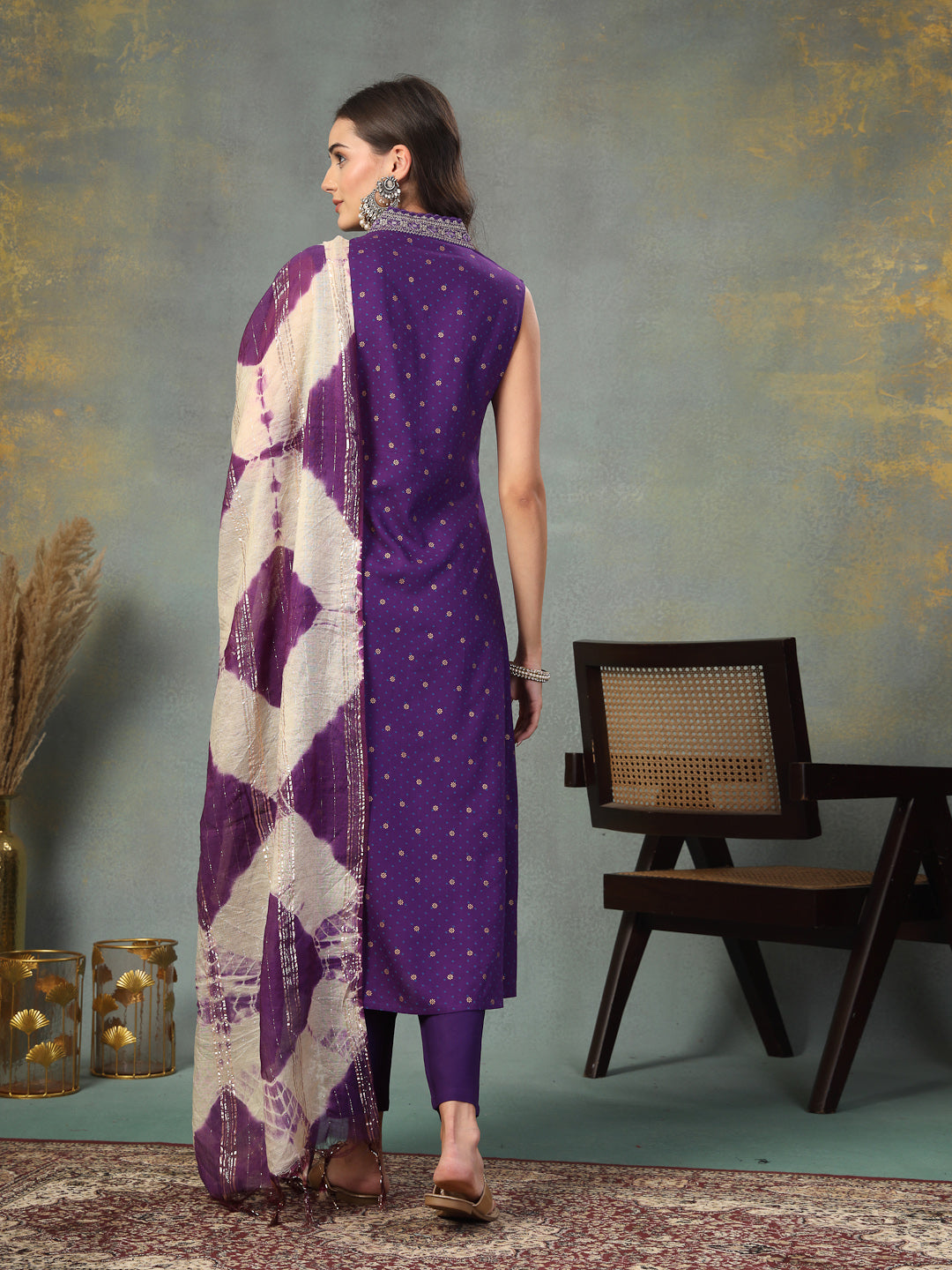 Violet Khari Printed & Embroidered Rayon A-Line Kurta Dupatta Set