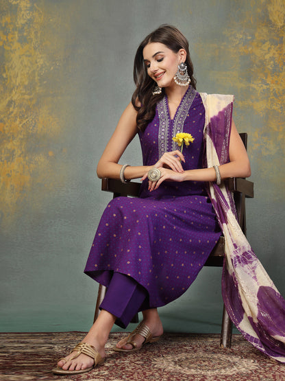 Violet Khari Printed & Embroidered Rayon A-Line Kurta Dupatta Set