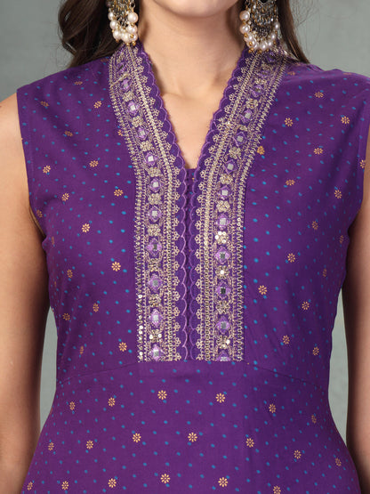 Violet Khari Printed & Embroidered Rayon A-Line Kurta Dupatta Set