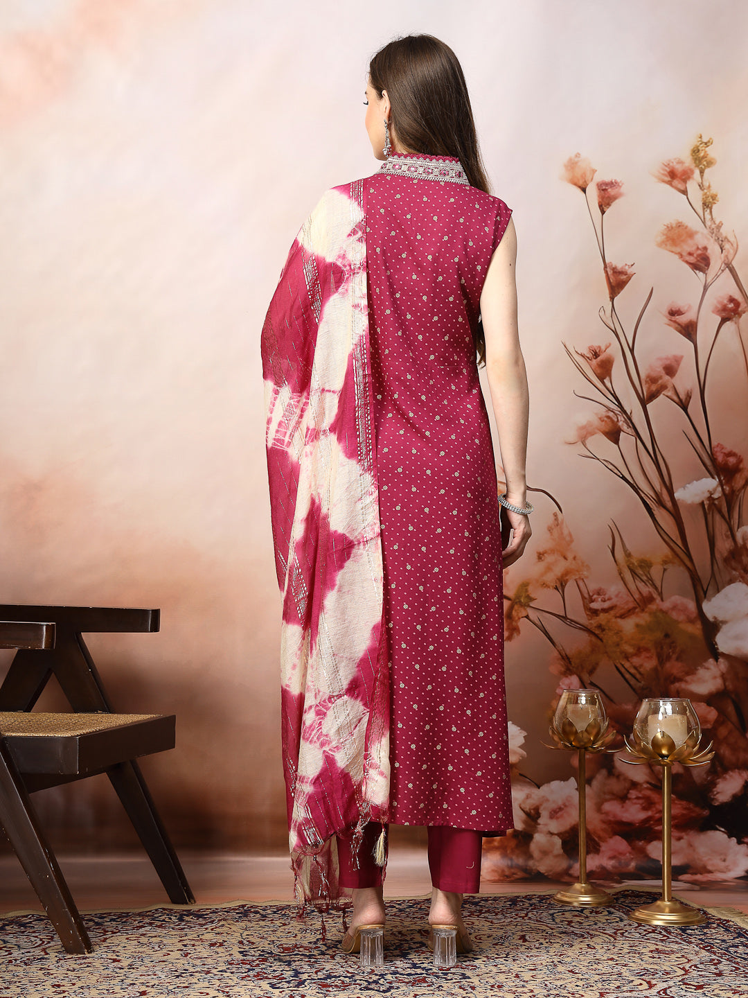 Wine Khari Printed & Embroidered Rayon A-Line Kurta Dupatta Set