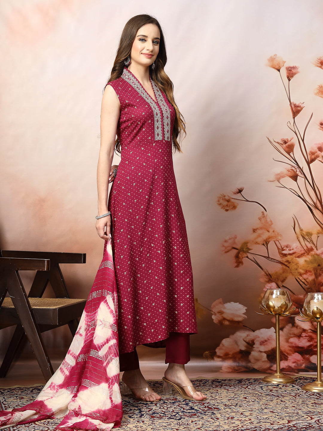 Wine Khari Printed & Embroidered Rayon A-Line Kurta Dupatta Set