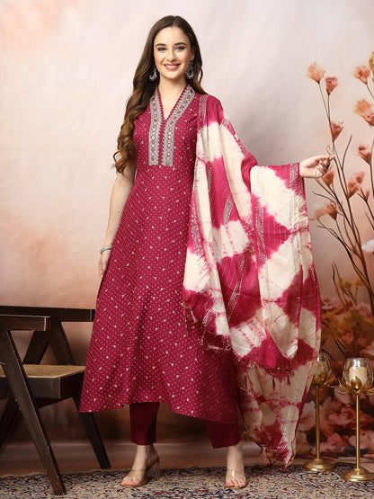 Wine Khari Printed & Embroidered Rayon A-Line Kurta Dupatta Set