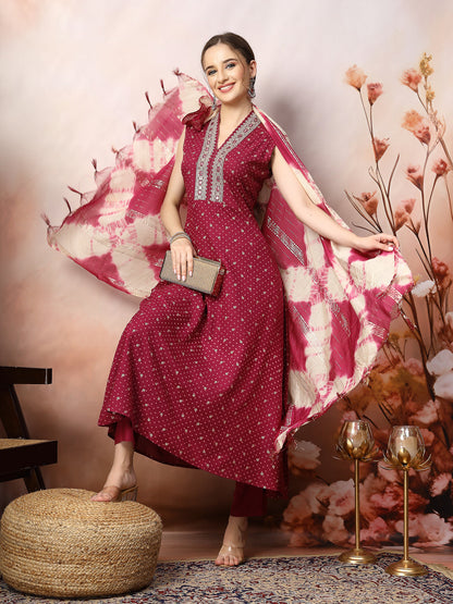 Wine Khari Printed & Embroidered Rayon A-Line Kurta Dupatta Set