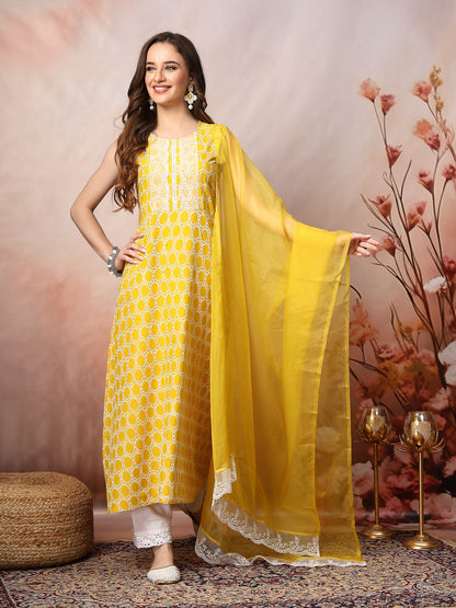 Yellow Printed & Embroidered Rayon A-Line Kurta Dupatta Set