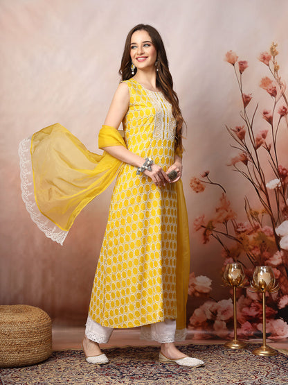 Yellow Printed & Embroidered Rayon A-Line Kurta Dupatta Set