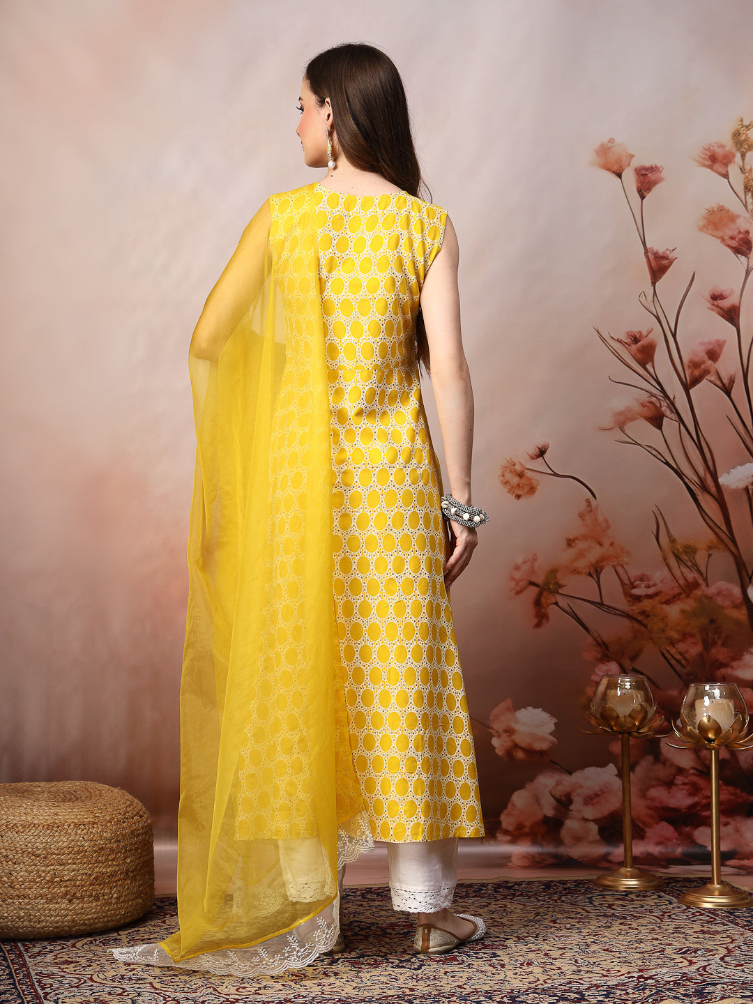 Yellow Printed & Embroidered Rayon A-Line Kurta Dupatta Set