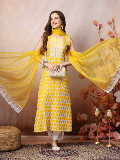 Yellow Printed & Embroidered Rayon A-Line Kurta Dupatta Set