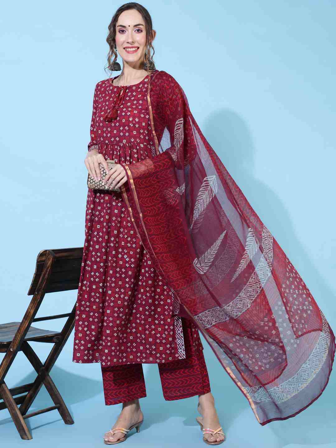 Cotton Calf Length Printed Semi-Flared 3/4 sleeves Round Neck Kurta Bottom Dupatta Set