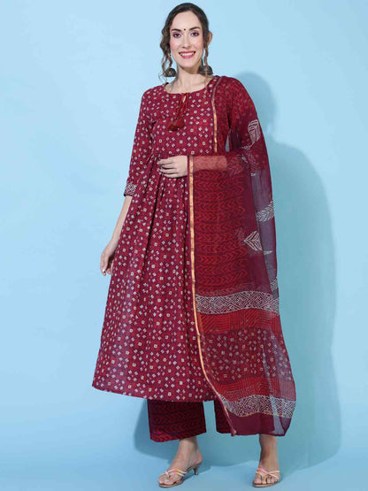 Cotton Calf Length Printed Semi-Flared 3/4 sleeves Round Neck Kurta Bottom Dupatta Set