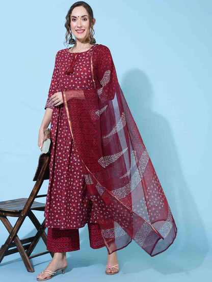 Cotton Calf Length Printed Semi-Flared 3/4 sleeves Round Neck Kurta Bottom Dupatta Set