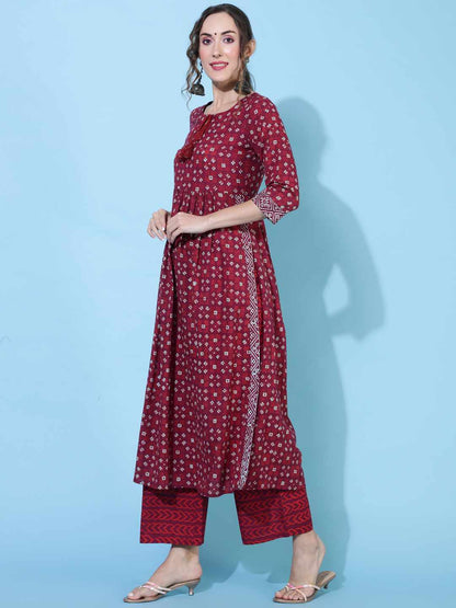 Cotton Calf Length Printed Semi-Flared 3/4 sleeves Round Neck Kurta Bottom Dupatta Set