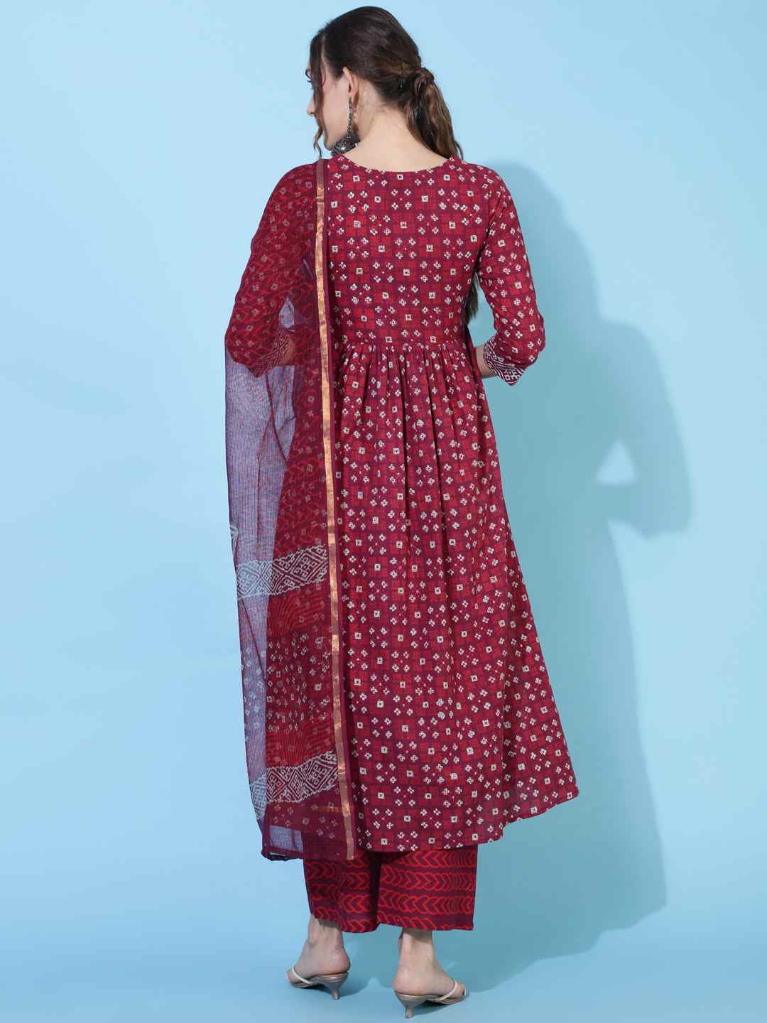 Cotton Calf Length Printed Semi-Flared 3/4 sleeves Round Neck Kurta Bottom Dupatta Set