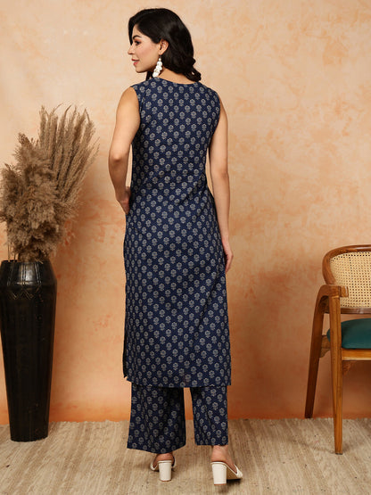 Cotton Calf Length Printed Straight Sleeveless Round Kurta Bottom Set