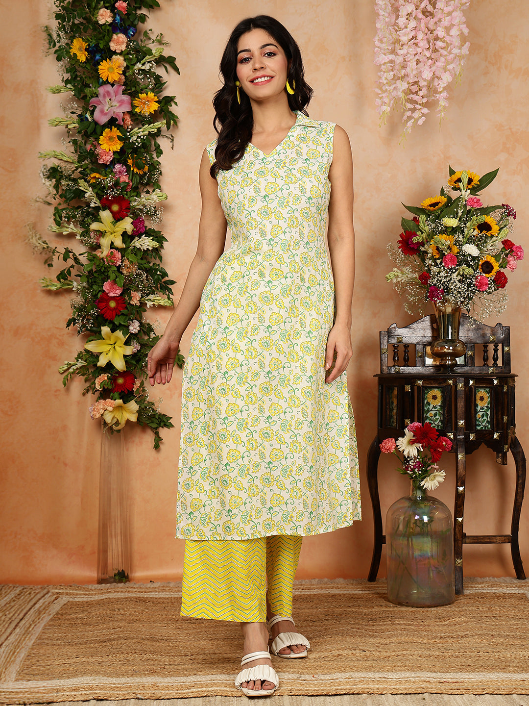 Rayon  Calf Length Printed Straight Sleeveless Shirt Collar Kurta Bottom Set