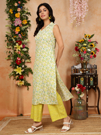 Rayon  Calf Length Printed Straight Sleeveless Shirt Collar Kurta Bottom Set