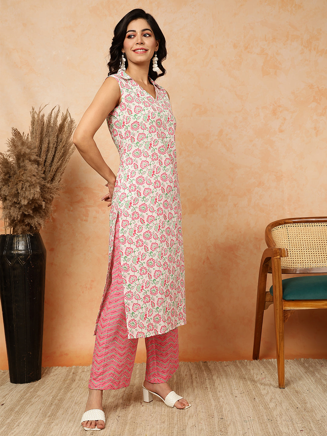 Rayon  Calf Length Printed Straight Sleeveless Shirt Collar Kurta Bottom Set