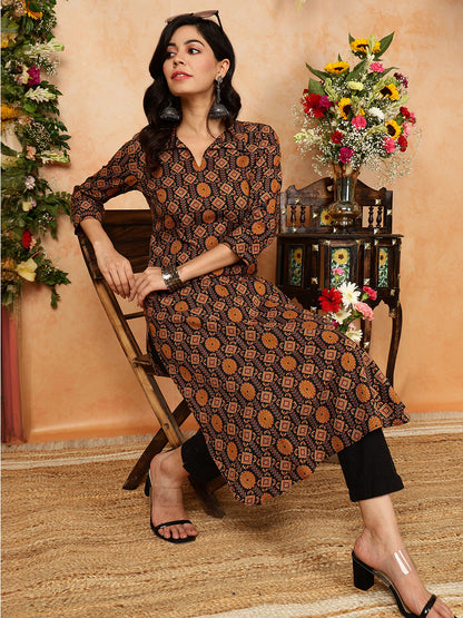 Rayon Calf Length Printed Straight 3/4 Sleeves Shirt Collar Kurta