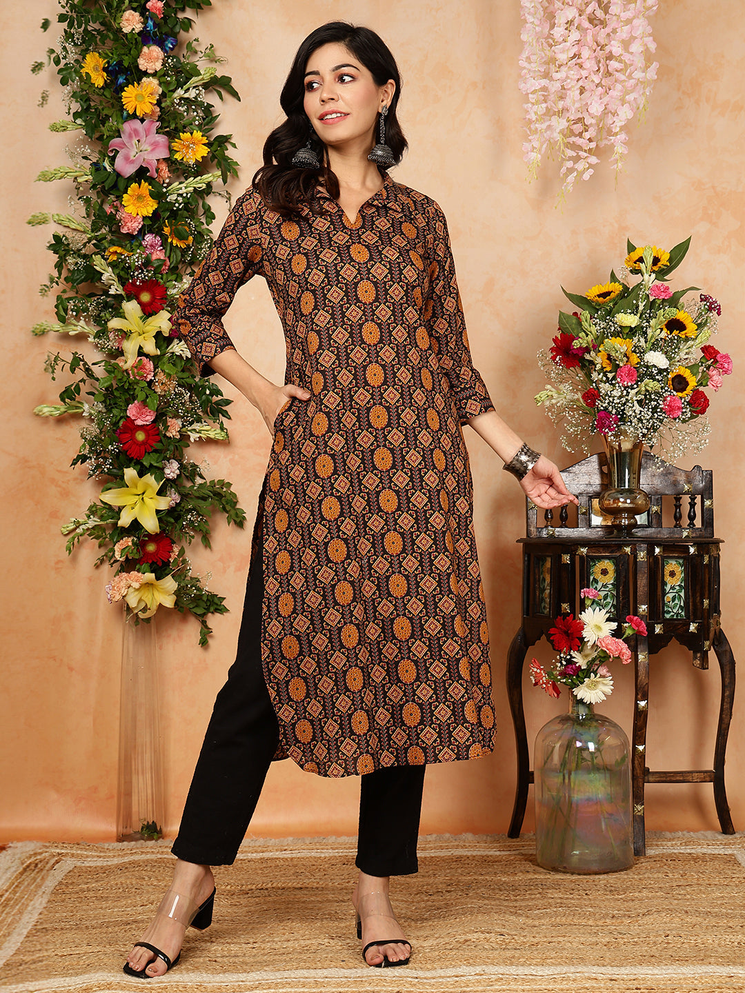 Rayon Calf Length Printed Straight 3/4 Sleeves Shirt Collar Kurta