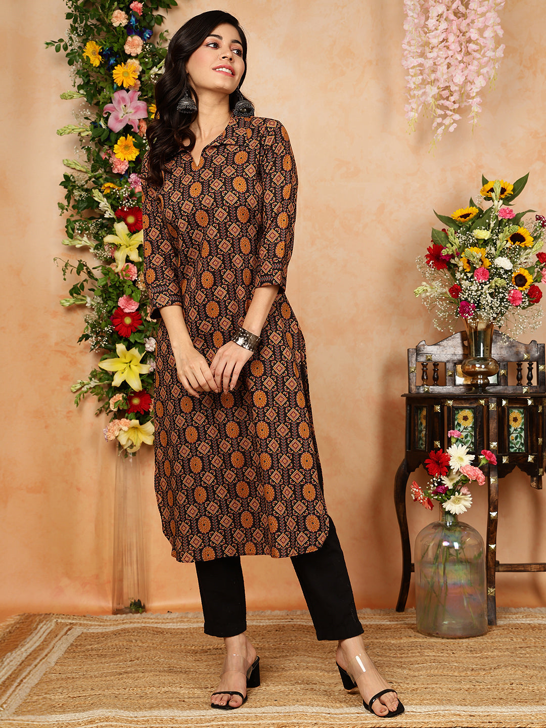 Rayon Calf Length Printed Straight 3/4 Sleeves Shirt Collar Kurta