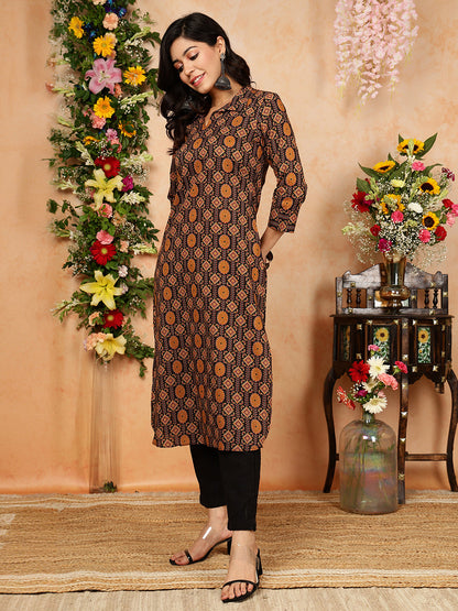 Rayon Calf Length Printed Straight 3/4 Sleeves Shirt Collar Kurta