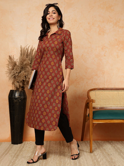 Rayon Calf Length Printed Straight 3/4 Sleeves Shirt Collar Kurta