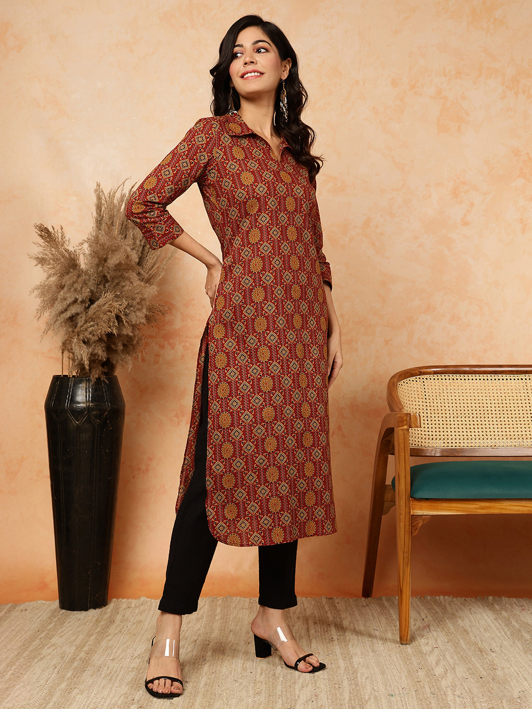 Rayon Calf Length Printed Straight 3/4 Sleeves Shirt Collar Kurta