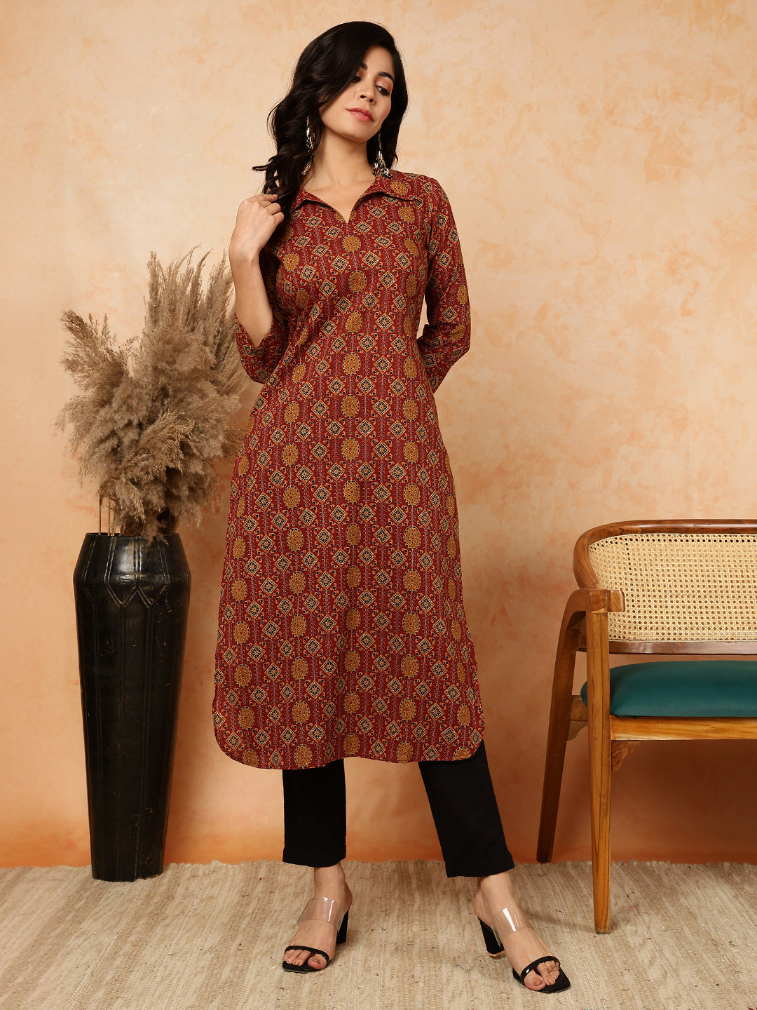 Rayon Calf Length Printed Straight 3/4 Sleeves Shirt Collar Kurta