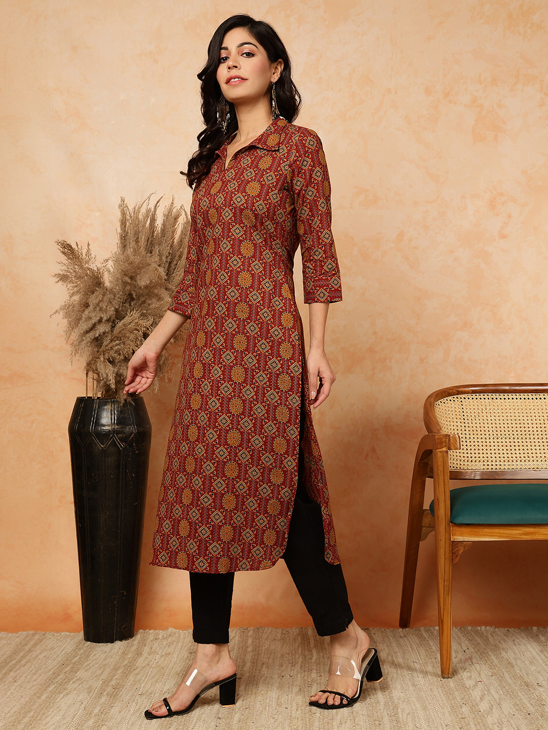 Rayon Calf Length Printed Straight 3/4 Sleeves Shirt Collar Kurta