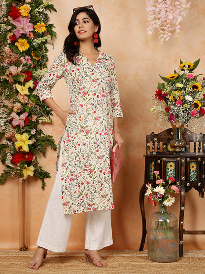 Rayon Calf Length Printed Straight 3/4 Sleeves Shirt Collar Kurta