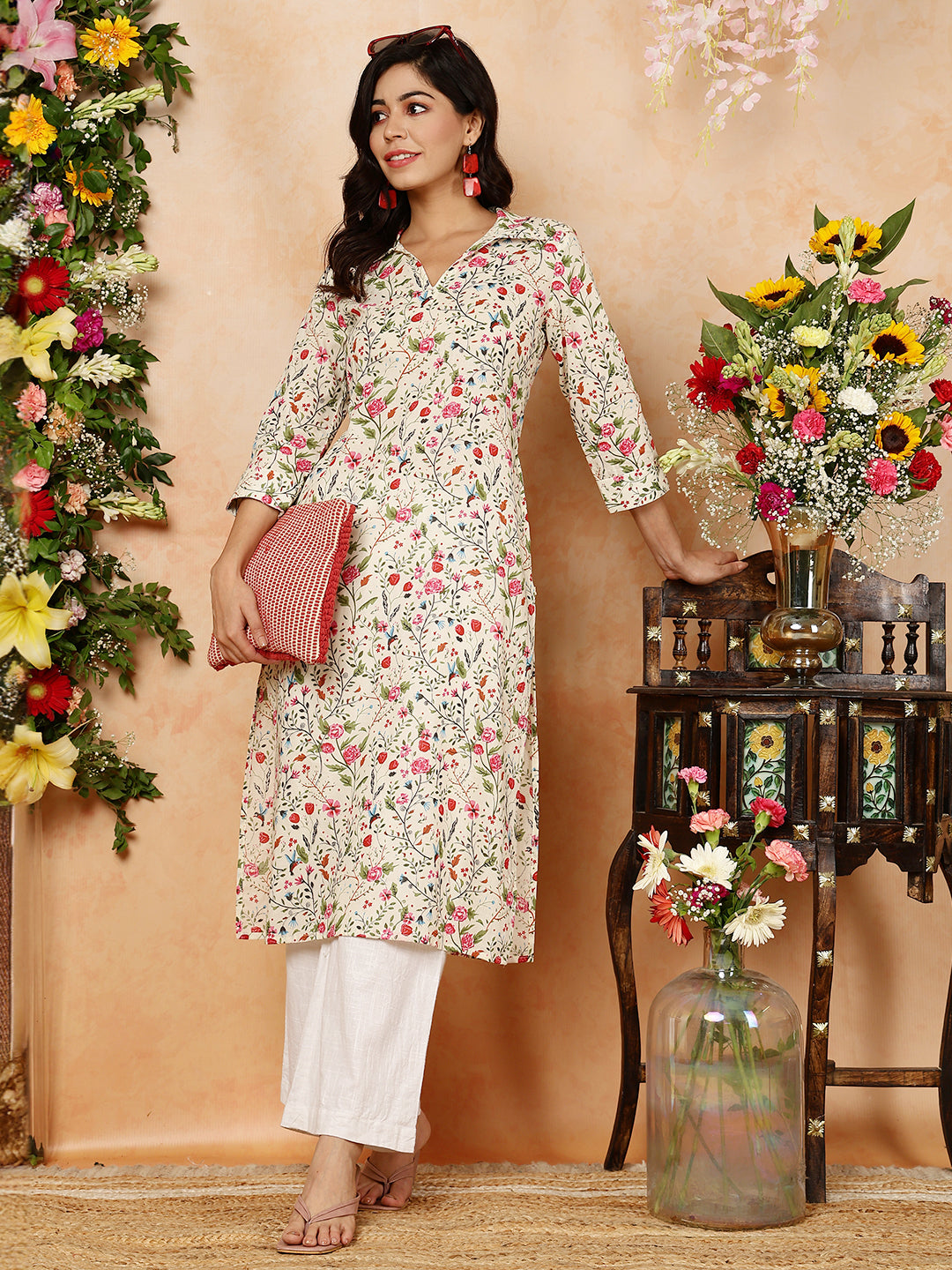 Rayon Calf Length Printed Straight 3/4 Sleeves Shirt Collar Kurta