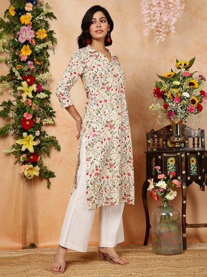 Rayon Calf Length Printed Straight 3/4 Sleeves Shirt Collar Kurta