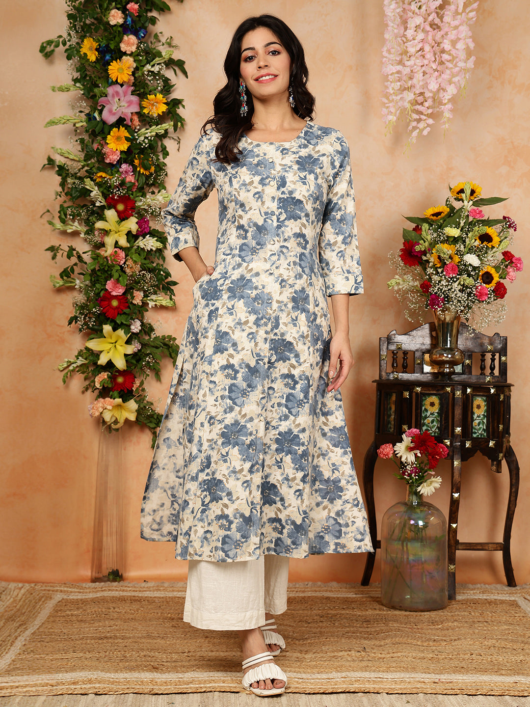 Cotton Flex Calf Length Printed A-Line 3/4 Sleeves Round Kurta