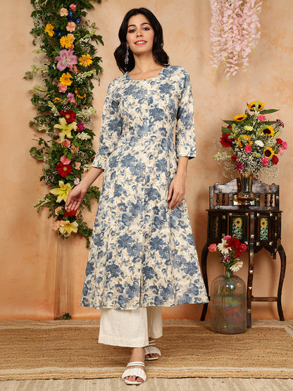 Cotton Flex Calf Length Printed A-Line 3/4 Sleeves Round Kurta