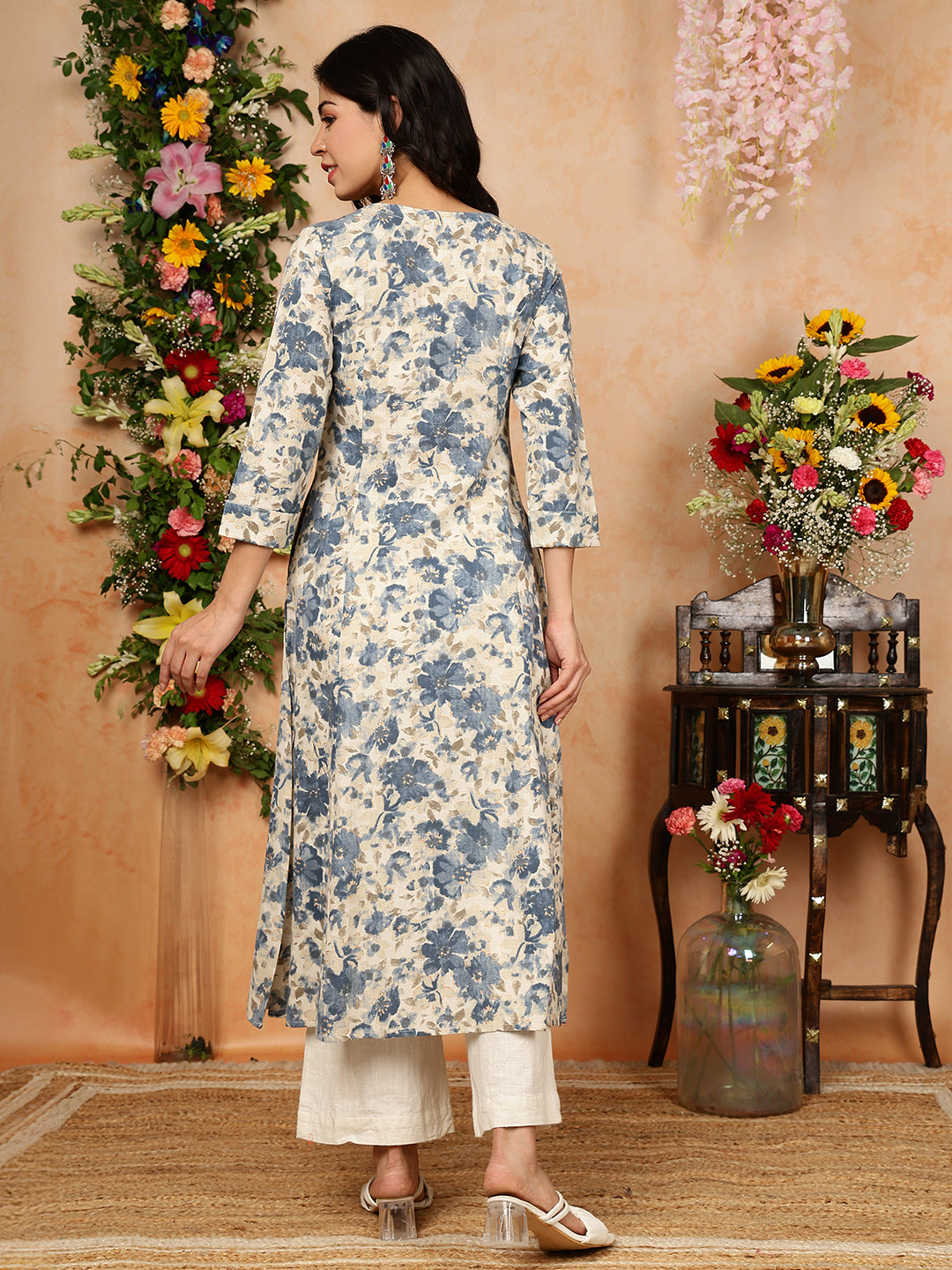 Cotton Flex Calf Length Printed A-Line 3/4 Sleeves Round Kurta