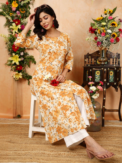 Cotton Flex Calf Length Printed A-Line 3/4 Sleeves Round Kurta