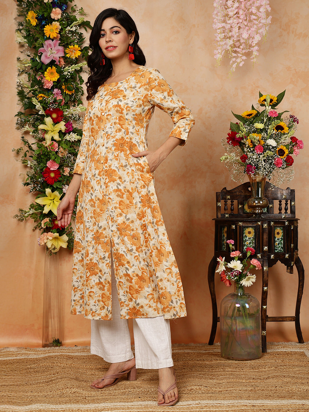 Cotton Flex Calf Length Printed A-Line 3/4 Sleeves Round Kurta