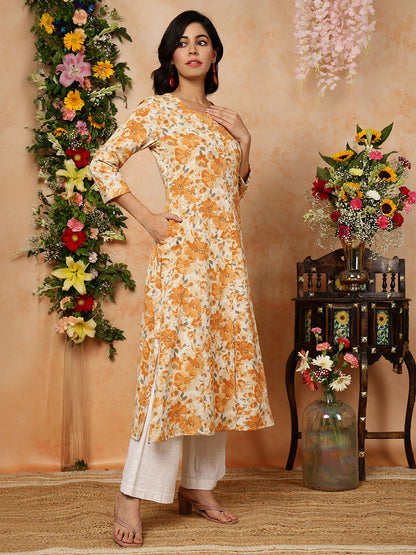 Cotton Flex Calf Length Printed A-Line 3/4 Sleeves Round Kurta