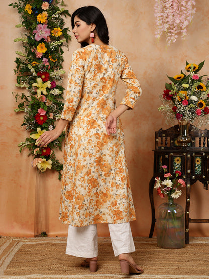 Cotton Flex Calf Length Printed A-Line 3/4 Sleeves Round Kurta