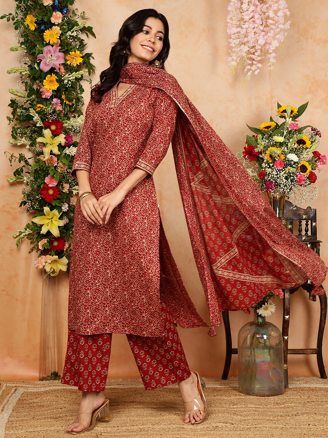 Cotton Calf Length Printed Straight 3/4 Sleeves V-Neck Kurta, Bottom With Dupatta