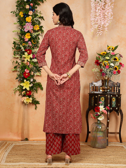 Cotton Calf Length Printed Straight 3/4 Sleeves V-Neck Kurta, Bottom With Dupatta