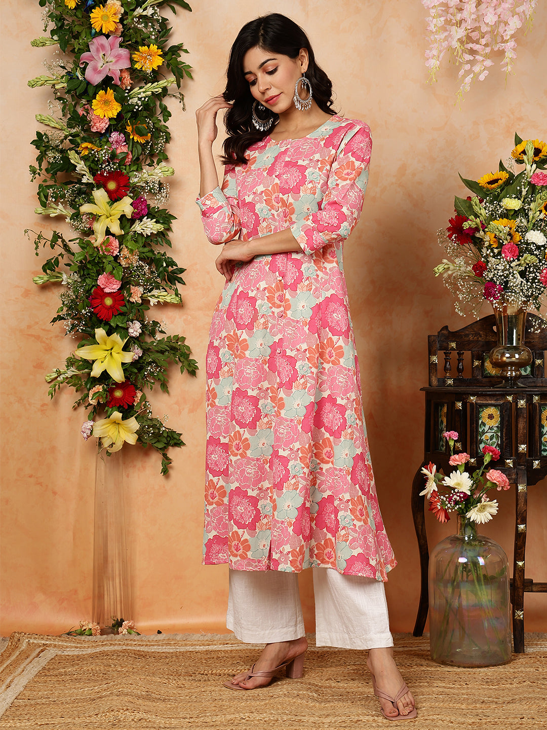 Cotton Flex Calf Length Printed A-Line 3/4 Sleeves Round Kurta