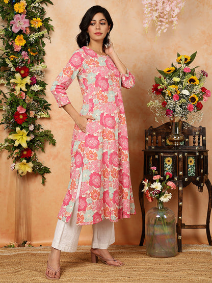 Cotton Flex Calf Length Printed A-Line 3/4 Sleeves Round Kurta