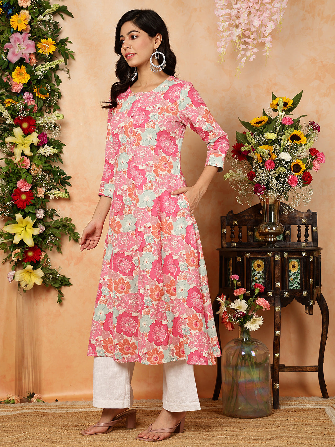 Cotton Flex Calf Length Printed A-Line 3/4 Sleeves Round Kurta