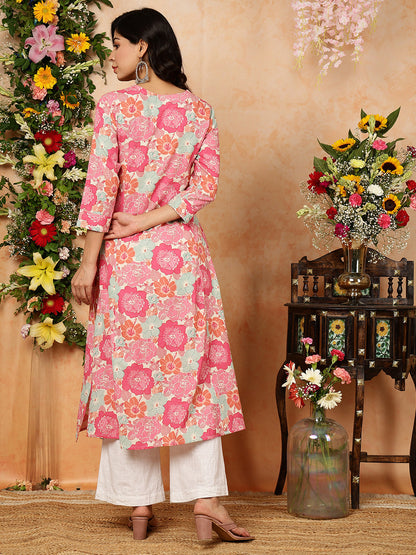 Cotton Flex Calf Length Printed A-Line 3/4 Sleeves Round Kurta